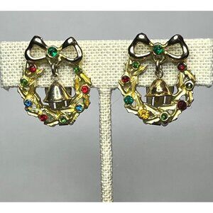 Vintage Christmas Wreath Clip-On Earrings With Bells & Colorful Rhinestones